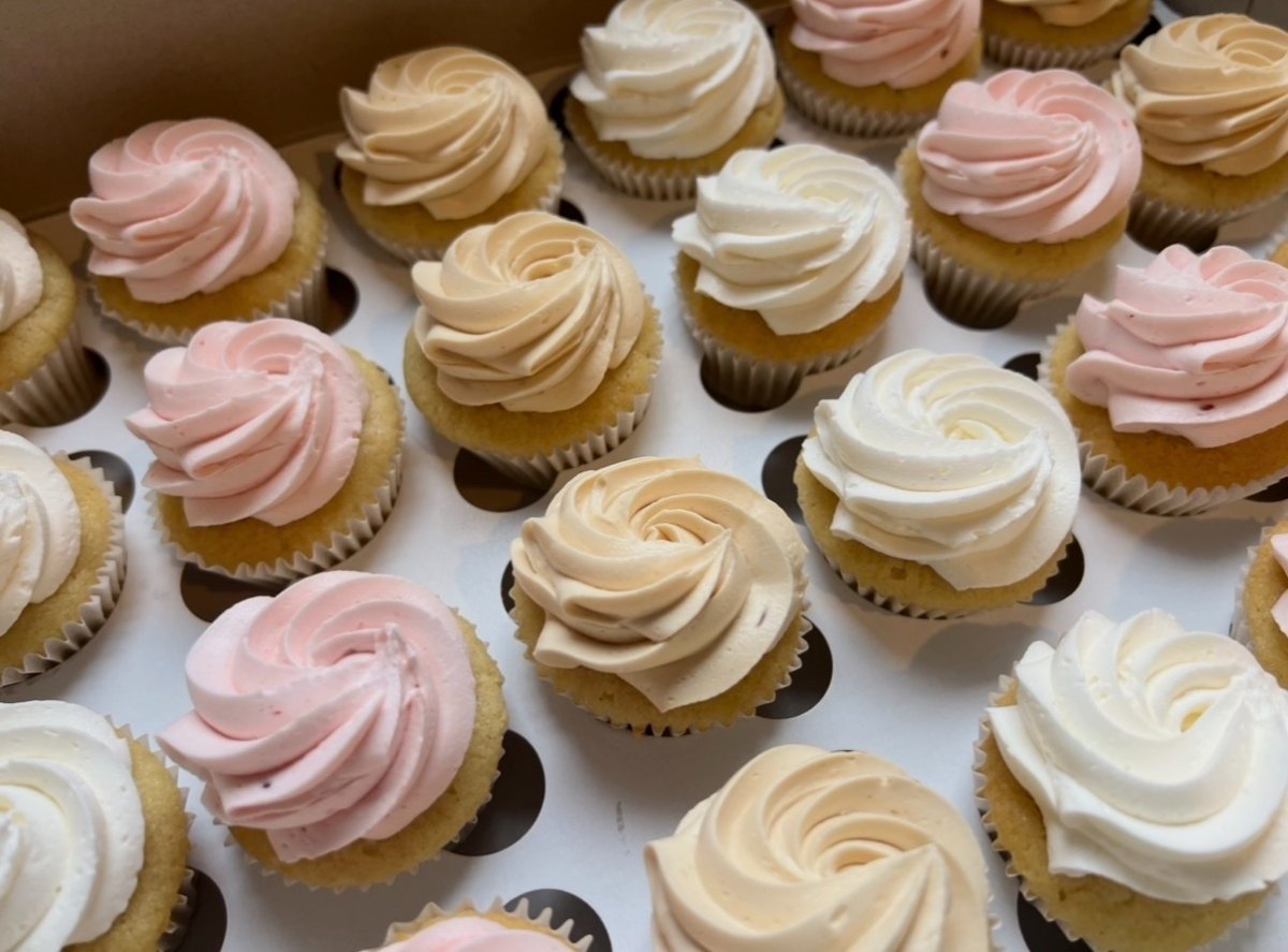 pink, beige, white mini cupcakes